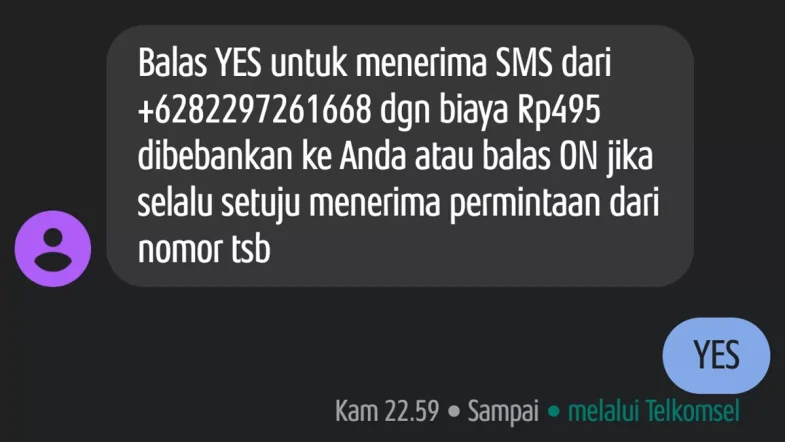 Akibat dari ketik YES setelah menerima SMS dari nomor 88771